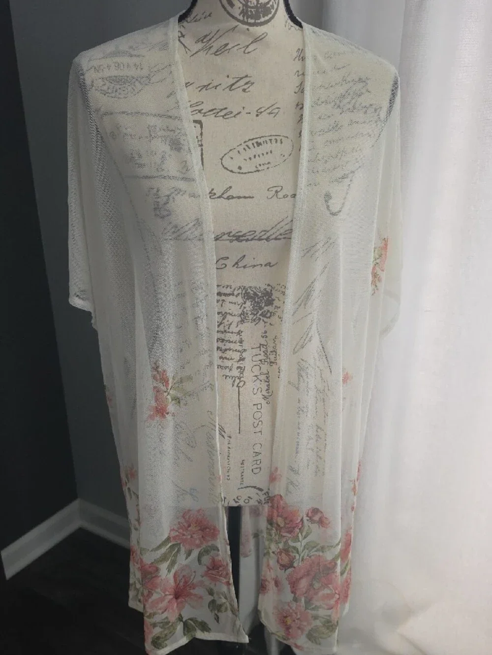 Sheer Floral Kimono Cover-Up - White with Pink Roses